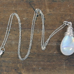 Rainbow Moonstone Necklace Dainty Teardrop Moonstone Solitaire Pendant Wire Wrapped Jewelry Blue Moonstone Sterling Silver Bridal Jewlery image 2