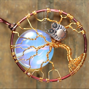 Full Moon Owl Tree of Life Pendant Opalite Rainbow Moonstone Mixed Metal Necklace Two Tone Brown Copper Wire Wrapped Jewelry Steampunk image 2