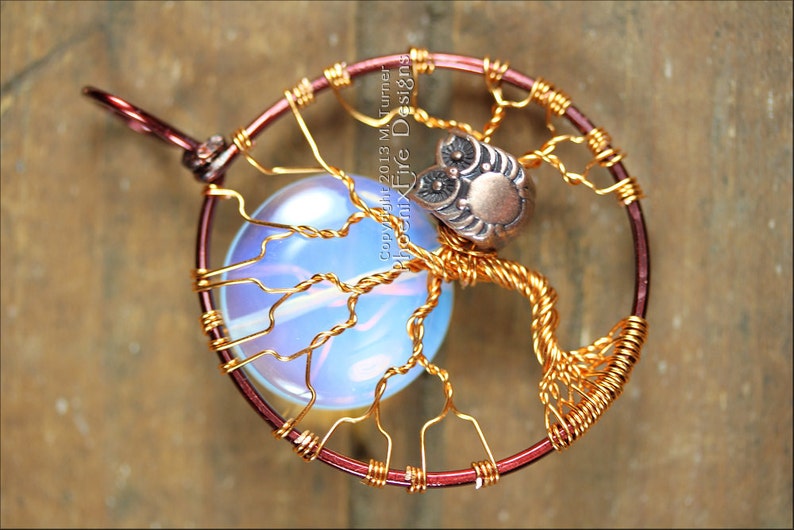 Full Moon Owl Tree of Life Pendant Opalite Rainbow Moonstone Mixed Metal Necklace Two Tone Brown Copper Wire Wrapped Jewelry Steampunk image 2