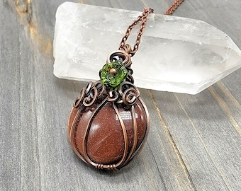 Autumn Pumpkin Necklace Goldstone Pendant | Fall Jewelry | Copper Wire Wrapped Gemstone Pumpkin Pendant for Women | Witchy Halloween Jewelry