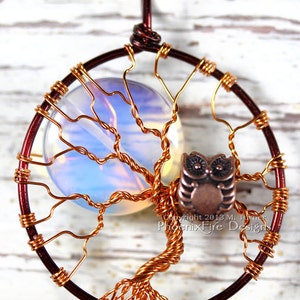 Full Moon Owl Tree of Life Pendant Opalite Rainbow Moonstone Mixed Metal Necklace Two Tone Brown Copper Wire Wrapped Jewelry Steampunk image 1