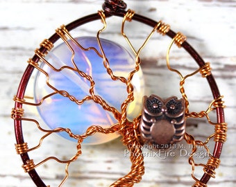 Full Moon Owl Tree of Life Pendant Opalite Rainbow Moonstone Mixed Metal Necklace Two Tone Brown Copper Wire Wrapped Jewelry Steampunk