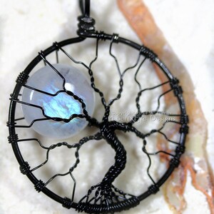 Rainbow Moonstone Celestial Jewelry Tree-of-Life Pendant Full Moon Wire Wrap Jewelry Argentium Sterling Silver Black Recycled Eco Friendly Black Wire