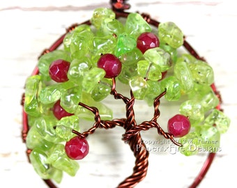 Apple Tree Tree of Life Pendant Peridot Ruby Red Jade Gemstones Wire Wrapped Jewelry Harvest Brown August Birthstone Necklace Teacher's Gift