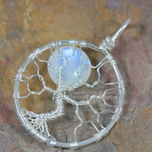 Celestial Rainbow Moonstone Wire Tree of Life Pendant Full Moon Natural Gemstone Artisan Silver Wire Wrapped Lunar Jewelry Gift for Her