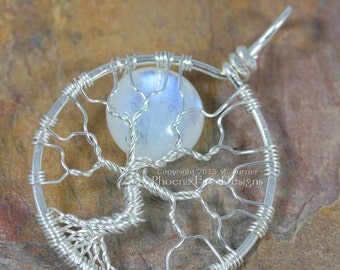 Celestial Rainbow Moonstone Wire Tree of Life Pendant Full Moon Natural Gemstone Artisan Silver Wire Wrapped Lunar Jewelry Gift for Her