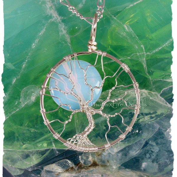 Celestial Full Moon Tree of Life Pendant Silver Opalite Rainbow Moonstone Wire Wrap Jewelry Tree of Knowledge Necklace PhoenixFire Designs