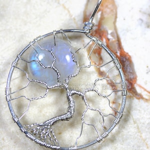 Rainbow Moonstone Celestial Jewelry Tree-of-Life Pendant Full Moon Wire Wrap Jewelry Argentium Sterling Silver Black Recycled Eco Friendly Argentium Silver