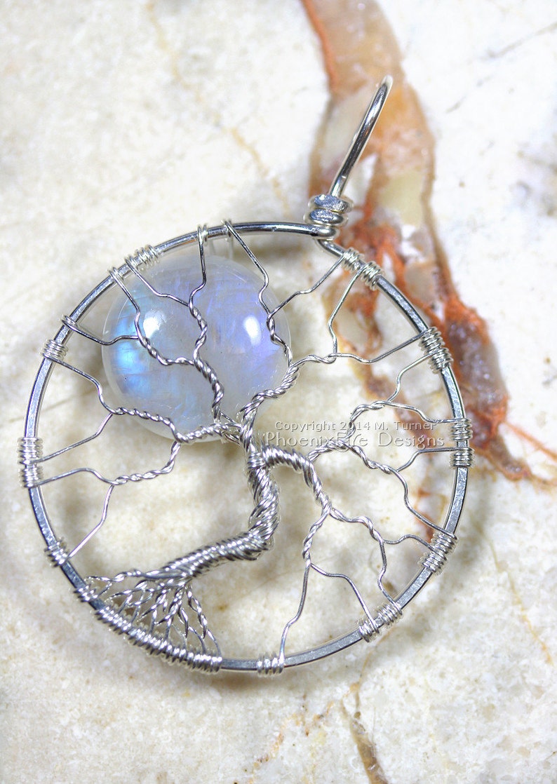 Rainbow Moonstone Celestial Jewelry Tree-of-Life Pendant Full Moon Wire Wrap Jewelry Argentium Sterling Silver Black Recycled Eco Friendly Argentium Silver