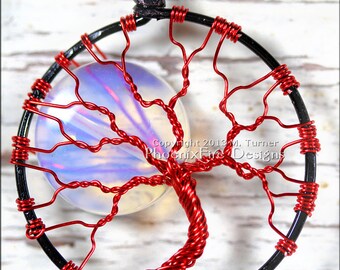 Opalite Rainbow Moonstone Full Moon Tree of Life Pendant Wire Wrapped Black Red Gothic Vampire Style Blood Moon Fantasy Phoenix Fire Designs