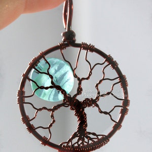 Blue Glow in the Dark Full Moon Tree of Life Pendant Glowing Jewelry Teal Blue Moon Glow Necklace Brown Wire Wrapped Handmade Black Light UV image 3