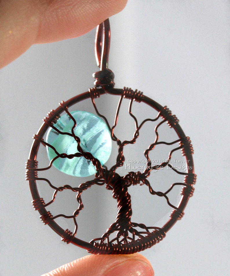 Blue Glow in the Dark Full Moon Tree of Life Pendant Glowing Jewelry Teal Blue Moon Glow Necklace Brown Wire Wrapped Handmade Black Light UV image 3