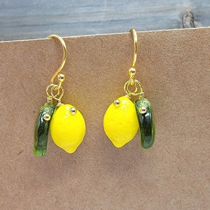 Lemon Earrings 14k Gold Plated Hooks Cute Yellow Fruit Earrings Green Leaves Cottagecore Whimsical Summer Lemon Jewelry Plant Lover image 2