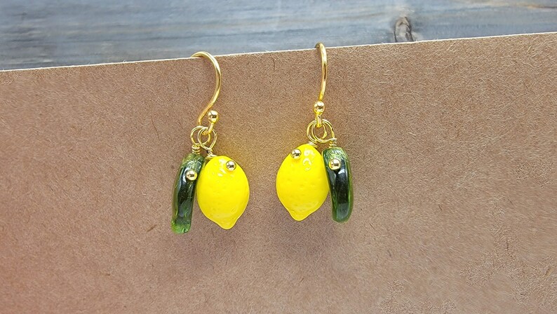 Lemon Earrings 14k Gold Plated Hooks Cute Yellow Fruit Earrings Green Leaves Cottagecore Whimsical Summer Lemon Jewelry Plant Lover image 2