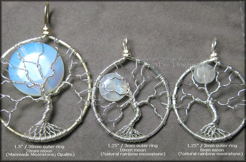 Full Moon Tree of Life Pendant Rainbow Moonstone Miniature Tree Sterling Silver Wire Wrapped Jewelry Affordable Luxury Phoenix Fire Designs image 5