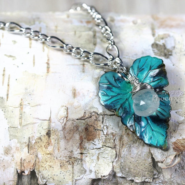 Dew Drop Necklace Rainbow Moonstone on Verdigris Brass Leaf Sterling Silver Plated 18 inch Chain Turquoise