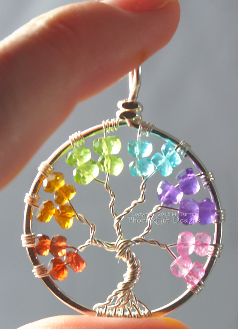 Rainbow Tree of Life Pendant Silver Wire Wrap Jewelry Garnet Citrine Peridot Blue Topaz Amethyst Mixed Gemstone Chakra Pride Necklace image 4