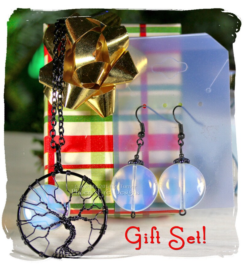 HOLIDAY GIFT SET Rainbow Moonstone Necklace Full Moon Tree of Life Pendant Matching Earrings Black Wire Wrapped Opalite Jewelry Gift for Her image 1