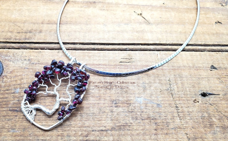 Winter's Heart Garnet Tree of Life Pendant Statement Necklace Silver Wire Stainless Steel Omega Chain January's Birthstone Jewelry For Her image 1