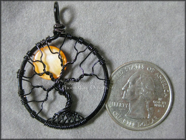 Small Halloween Full Moon Tree of Life Pendant Orange Black Wire Wrapped Jewelry Haunted Forest Harvest Moon Necklace Spooky Tree Gothic image 2