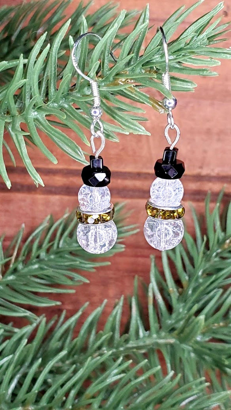 Snowman Earrings Your Choice Crackle Glass Frosty Earrings Christmas Holiday Accessories Austrian Crystal Snowman Xmas Sterling Silver Hook image 3