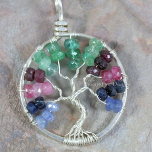 Tricolor Blue Sapphire Ruby Emerald Tree of Life Pendant Multicolor Gemstone Sterling Silver Wire Wrapped Jewelry Eco friendly recycled image 6