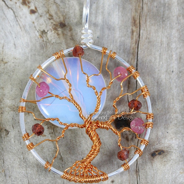 Full Moon Tree of Life Pendant Pink Tourmaline Garnet Gemstone Jewelry Two Tone Mixed Metals Silver Copper Rainbow Moonstone Necklace