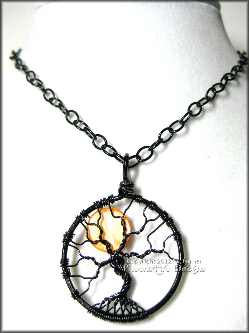 Small Halloween Full Moon Tree of Life Pendant Orange Black Wire Wrapped Jewelry Haunted Forest Harvest Moon Necklace Spooky Tree Gothic image 3