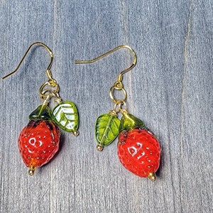 Strawberry Earrings 14k Gold Vermeil Cute Kawaii Strawberry Fruit Earrings Green Leaves Cottagecore Whimsical Strawberry Jewelry Plant Lover image 5