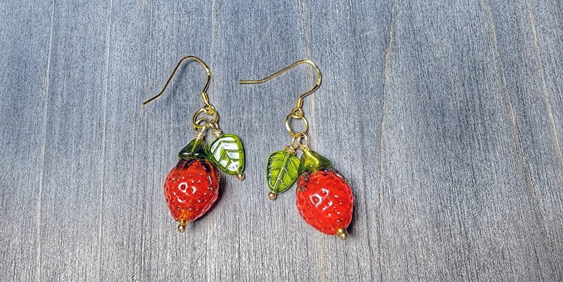 Strawberry Earrings 14k Gold Vermeil Cute Kawaii Strawberry Fruit Earrings Green Leaves Cottagecore Whimsical Strawberry Jewelry Plant Lover image 5