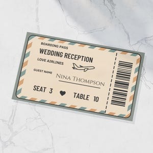 May include: A wedding reception boarding pass design with the text "Wedding Reception" and "Love Airlines". The pass includes the guest name "Nina Thompson", seat number 3, and table number 10. The design features a small airplane graphic.