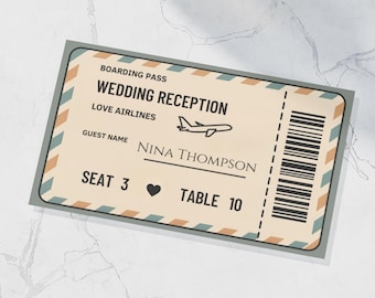 May include: A wedding reception boarding pass design with the text "Wedding Reception" and "Love Airlines". The pass includes the guest name "Nina Thompson", seat number 3, and table number 10. The design features a small airplane graphic.