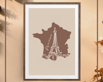 Impresión artística del mapa de Francia y la Torre Eiffel / Decoración minimalista beige (descarga digital)