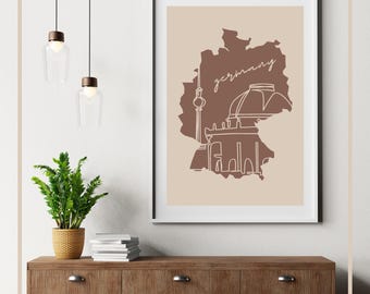 Impresión de mapa de Alemania / Ilustración minimalista de Alemania en beige y marrón (descarga digital)