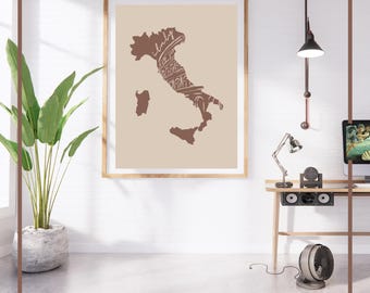 Impresión artística del mapa de Italia / Decoración minimalista beige y marrón (descarga digital)