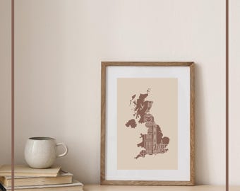 Impresión de mapa del Reino Unido / Arte británico beige y marrón (descarga digital)