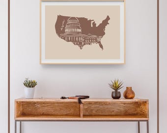 Impresión artística de mapa de EE. UU. / Decoración minimalista beige y marrón (descarga digital)