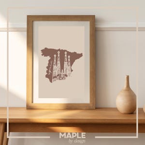 Impresión de arte digital de España / Póster de mapa y Sagrada Familia / Letrero de viaje español / Obra de arte estética minimalista en beige y marrón / Decoración de habitación