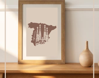 Impresión artística del mapa de España / La Sagrada Familia, beige y marrón (descarga digital)