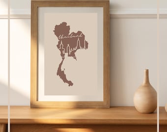 Impresión de mapa de Tailandia / Póster de viaje beige y marrón (descarga digital)