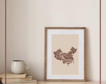 Impresión artística de mapa de China / Decoración minimalista beige para el hogar (descarga digital)