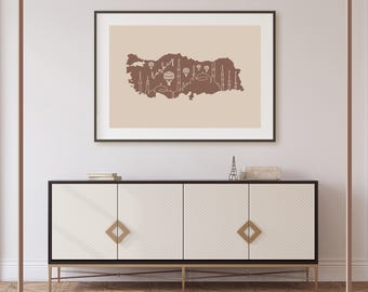 Impresión artística del mapa de Turquía / Póster con el horizonte en beige y marrón (descarga digital)