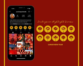 Portadas destacadas de Instagram para el Año Nuevo Lunar / Íconos rojos y dorados (Descarga digital)