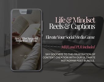 May include: A smartphone shows a book titled "Here's What Successful People Won't Tell You." The image promotes "Life & Mindset Reels & Captions" to enhance social media presence, with "MRR and PLR included."