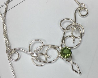 Handmade Sterling Silver Peridot Emerald Necklace: Bohemian Elvish Wirework Necklace, Gifts For Her