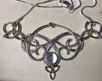 Celtic Moonstone Necklace: Sterling Silver Trinity Knot Irish Jewelry, Statement Bohemian Necklace