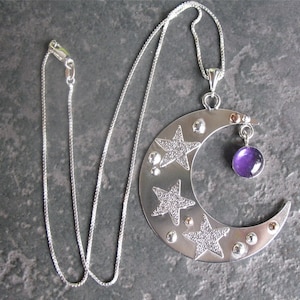 Large Crescent Moon STAR Gemstone Necklace, Stars and Moon Celestial Jewelry,  925 and 14KG Celestial Moon Necklace, Gifts For Her