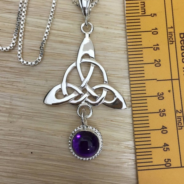 Celtic Trinity Knot Amethyst Moonstone Sapphire Necklace with Chain, Irish Bohemian Celtic Hipster Necklace, Amethyst Celtic Boho Necklace