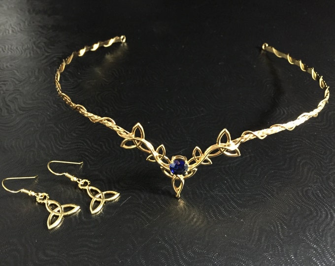Handmade Celtic Wedding Tiara Set: 24K Gold-Plated Sterling Silver Knot Earrings and Circlet Bridal Set