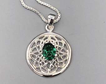 Celtic Knot 6mm Emerald Necklace: Sterling Silver Irish Pendant, Gifts For Her